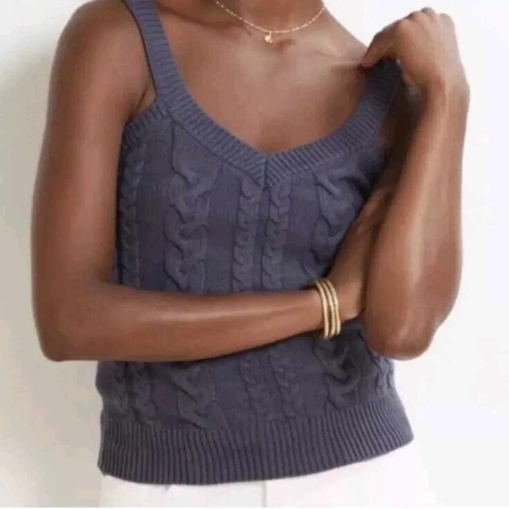 Evereve Womens Cable Knit Cotton V-Neck Sweater Tank Top Blue Gray S